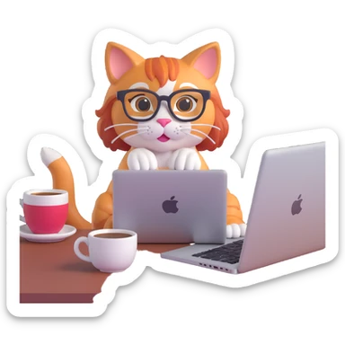 redhead cat with glasses working on a MacBook, surrounded by coffee cups, busy vibe sticker