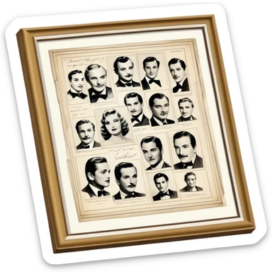 Icon for Autograph Collecting: several vintage framed with signatures of famous celebrities sheets stacked one on top of the other, each . The icon should evoke the charm and history of collecting autographs. Transparent background. sticker