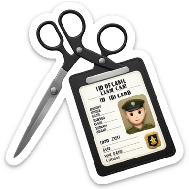 black Scissors cutting an idf soldier ID card in 2 parts .hyper realistic sticker