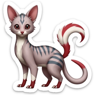 Minccino-Lykoi-Civet-Sphynx-Linoone-Zangoose-fusion-hybrid-animal-Fakémon-creature, full body, thin long sleek scaly tail, intricate markings sticker