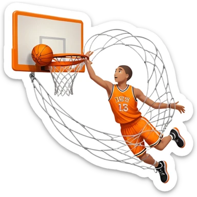 A close-up shot of a basketball soaring through the air and perfectly swishing into the basketball hoop. The ball is in mid-motion, with the net gently moving as the ball makes contact. The background shows a vibrant court with clear markings, capturing the excitement of a successful shot sticker