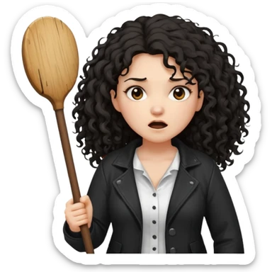 Hej, proszę wygeneruj mi emoji która przedstawia kobietę biała karnacja długie czarne kręcone rozczochrane włosy lekko grubsza, ubrana jest w białą koszulkę oraz czarną rozpiętą kurtkę jest w furii trzyma w rękach wielki badyl sticker