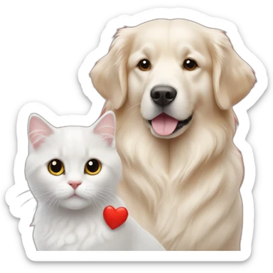 A Golden retriever, a white cat, and a gray cat in a red heart sticker
