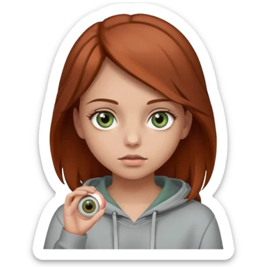 A girl with medium-length reddish-brown hair and hazel-green eyes, wearing a gray hoodie and holding an eyeball.  sticker