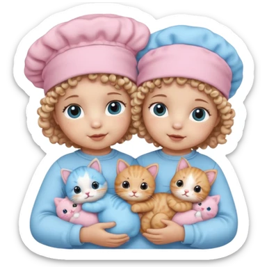 Curly hair baby twins with one wearing a baby pink bonnet and one wearing a baby blue bonnet while holding cat plushies sticker