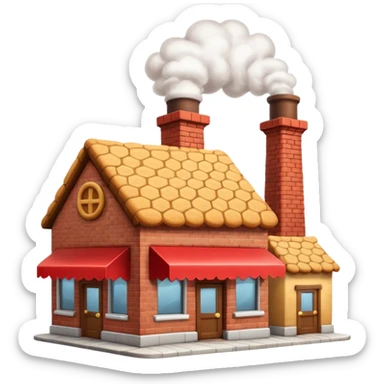 Small cartoon-style bakery factory with a red brick base, a single chimney puffing white smoke, cookie crates outside, emoji-style sticker