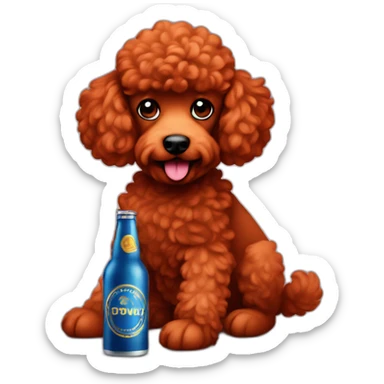 red poodle with a bottle of beer sticker