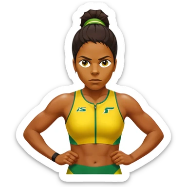 Cinematic Realistic portrait of Cathy Freeman, shown as an iconic Australian sprinter with a focused, determined expression and modern athletic yellow and green attire accented with subtle native motifs, rendered in dynamic, vibrant lighting sticker