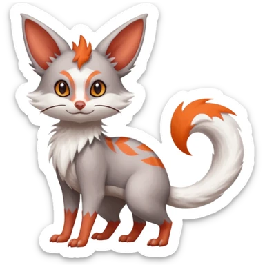 Minccino-Lykoi-Emolga-Pachirisu-Zangoose-fusion-hybrid-animal-Fakémon-creature, full body, thin long sleek scaly tail, intricate markings sticker
