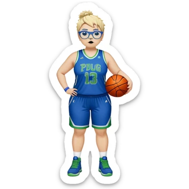 full body white plus size women basketball player pug nose with short spiky dark hair with added blond highlights wearing blue glasses wearing blue and green uniform sticker