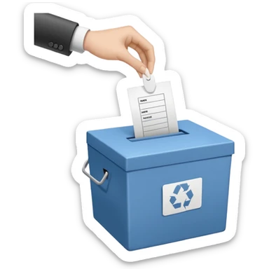 A neutral, generic symbolic image: A hand dropping a ballot paper into a simple, unmarked ballot box. The ballot shows three options only: ‘Ja, aber’, ‘Nein, aber’, and an empty field. n. sticker