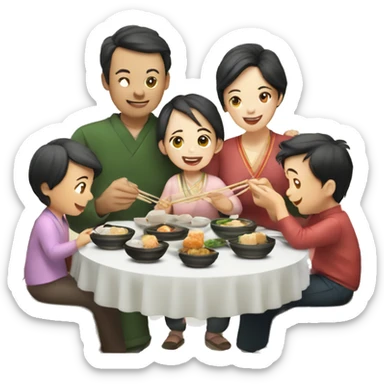 A family of 5 happily eating dim sum  sticker