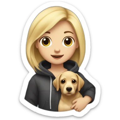 A blonde girl with smooth hair and a ray in the middle of his hair, she has light skin a few freckles, and she wear a hoodies and she Carries in his arms a baby black labrador dog  sticker