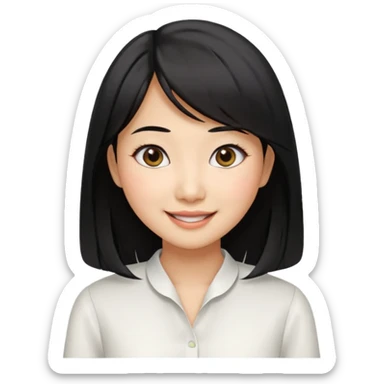30 yr old asian woman center parted hair big eyes big smile tanned skin straight black hair hippie part hair white blouse shoulder length hair middle parted hair few short bangs at front sticker