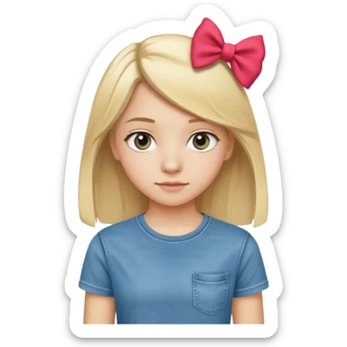 14 years old girl, with blonde hair, grey eyes. Wearing t-shirt and jeans. Wearing a bow sticker