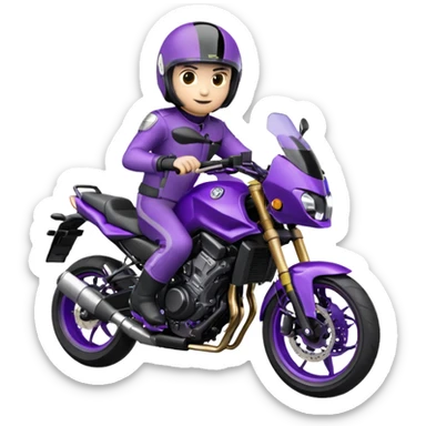 Créer un emoji avec une moto mt07 sport noir mate / violet iridescent très foncé, pare-brise de la moto violet. Avec une pilote dessus, visage complet caché  par la visière violette . Avec en arrière plan cercle violet. sticker