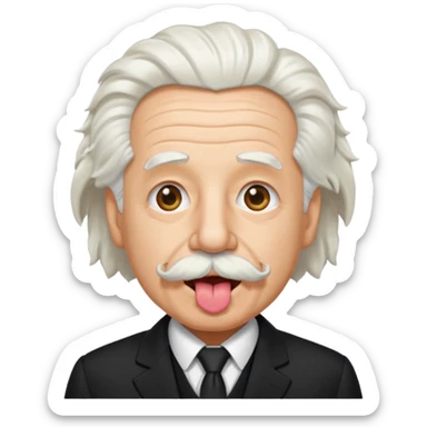 Einstein sticking his tongue out, simplified emoji style, white hair, mustache, suit sticker
