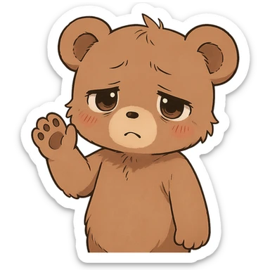 anime style cute bear waving, looking tired and sad, with a sweet expression sticker