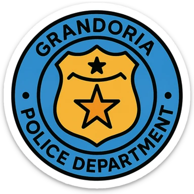 circular police logo with text 'GRANDORİA POLİCE DEPARTMENT', classic police badge elements, bold and official look, suitable for police department emblem, detailed lineal color icon style sticker
