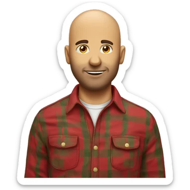 Italian male mid 30, short bear, bald, wearing a yellow and red flannel shirt sticker