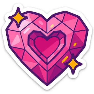 pink diamond with a heart-shaped cut, vibrant and shiny, cartoon style sticker