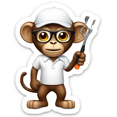 brown monkey in a white polo and white polo with glasses holding a screwdriver sticker