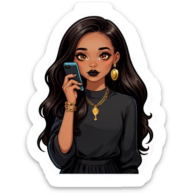 Beautiful young girl with dark choppy long hair flows as she holds her black phone with a gold septum ring that shines  sticker