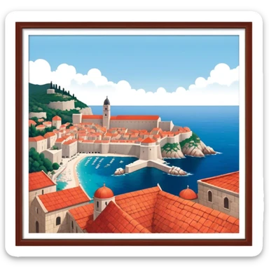 Cinematic Realistic aerial view of the historic city of Dubrovnik, showcasing its iconic red-roofed architecture, fortified walls, and sparkling Adriatic coastline, rendered with rich textures and warm Mediterranean lighting that captures its old-world charm. sticker