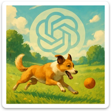 gpt image logo on the background of a dog chasing ball sticker