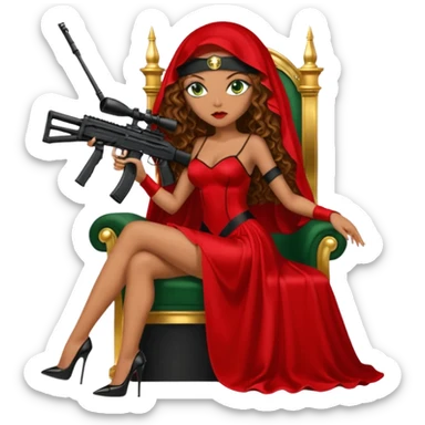 Drug dealer female green eyes symbol.  hair is brown curly long hair. sexy long with long red and black dress and face veil on that covers her mouth only. black stiletto platform high heels shoes on. Holding sniper rifle sitting on a gold throne. sticker