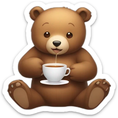 A semi Cute bear sitting on floor with a cup of tea motioning for viewer to sit next to him sticker