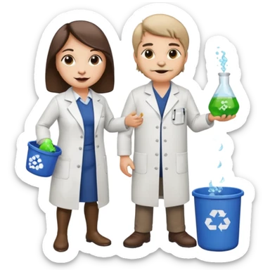 an otter disguised as a woman picking up trash bins, next to a man mad scientist sticker