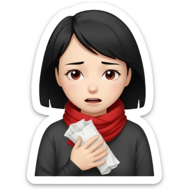 a pretty bratz fair girl crying in a loose oversized off white tshirt and red scarf with short black hair with a tissues in hand sticker