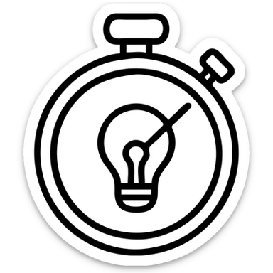 minimalist vector icon of a classic stopwatch with circular thick rim, crown at 12 o'clock, start/stop button on side, with a classic incandescent lightbulb centered inside the face, and a single hand pointer at 2 o'clock to suggest motion, clean modern vector art, single dark gray color, no gradients or shadows, bold clear outlines, lightbulb is the focal point sticker