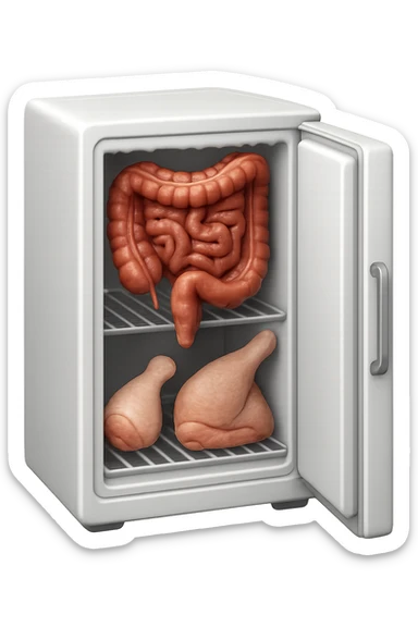 emoji stile iphone DI UN CONGELATORE CON INTESTINO realistico DENTRO INSIEME A PORZIONI DI POLLO E TACCHINO, iperrealistico 4k sticker
