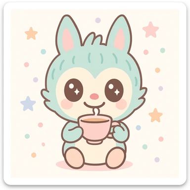 Labubu character drinking tea, cute and whimsical style, soft colors, charming and adorable expression sticker