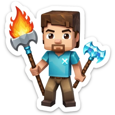 Minecraft Steve holding a Diamond Pickaxe (with hot flames on it) sticker