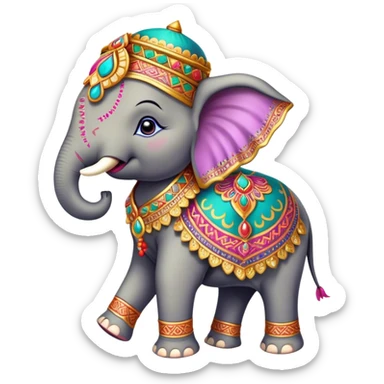 Decorated Indian elephant – Cinematic Realistic Decorated Indian Elephant, depicted as a majestic elephant adorned with vibrant, ornate ceremonial decorations and rich, colorful fabrics, set against a festive Indian backdrop with warm golden lighting that highlights its cultural significance. sticker