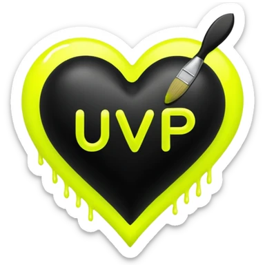 A neon yellow heart with black brushes inside the heart and The text UVP inside the heart sticker