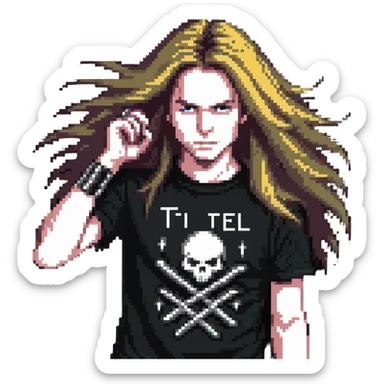 A person headbanging with long hair, wearing a metal band t-shirt sticker