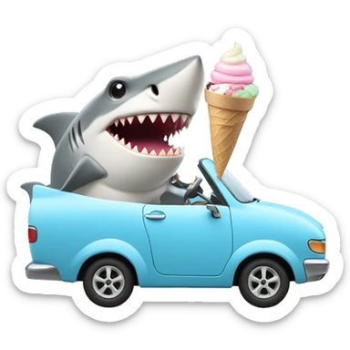Shark driving a car eating ice cream sticker