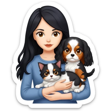 woman with long black hair holding an American Shorthair cat and a Cavalier King Charles Spaniel dog sticker
