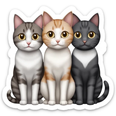 3 different coloured short haired cats including; a dark brown tabby and white cat, and a dark grey and white  sticker