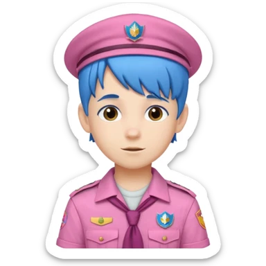 scout boy with very pink scout uniform, blue haired and hat sticker