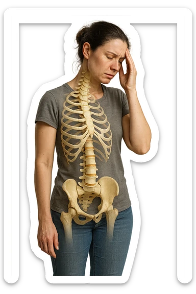 donna stanca a figura intera che si tiene una mano sulla tempia con spina dorsale anatomica visibile, iperrealistico 4k sticker