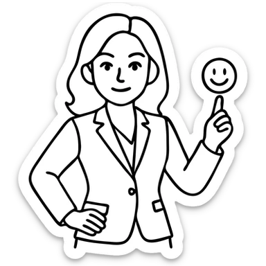 make the businesswoman's pose more expressive, such as a confident hand on hip or gesturing, keep brunette hair, white skin, elegant suit, same icon style sticker