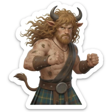 big buff curly hairy man covered in dirt with freckles with messy light brown bangs that covers his face completely with bull horns and bull ears and bull tail dressed in kilt stands in a fighting stance with wind in his hair sticker