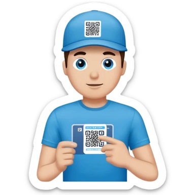 Man with pacific blue t-shirt that read a QRCODE in a ticket sticker