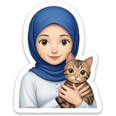 White girl wearing dark blue hijab with white shirt smiling while holding a black browntabby cat sticker
