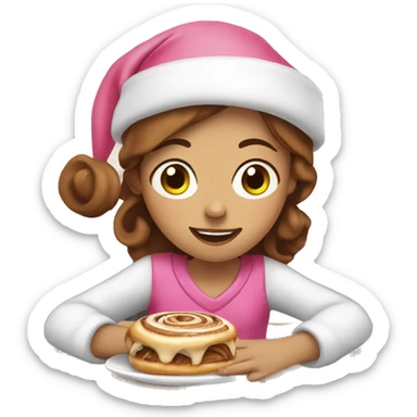 Girl with freckles and brown hair wearing pink santa hat and eating cinnamon roll sticker